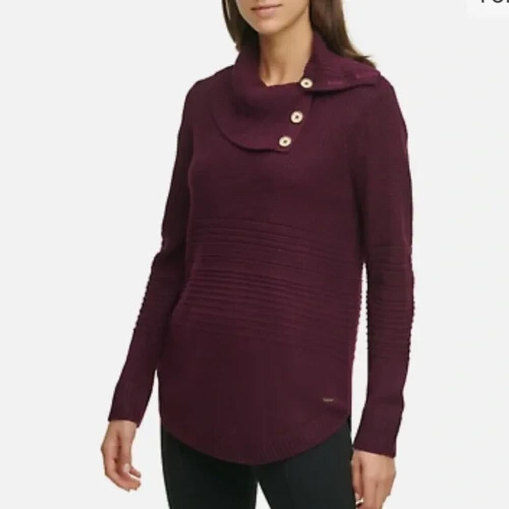 Calvin Klein Womens Button Collar Sweater with Gold Buttons Medium Wine